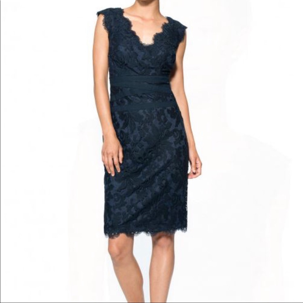 Tadashi Shoji Blue Embroidered Lace V-neck Dress